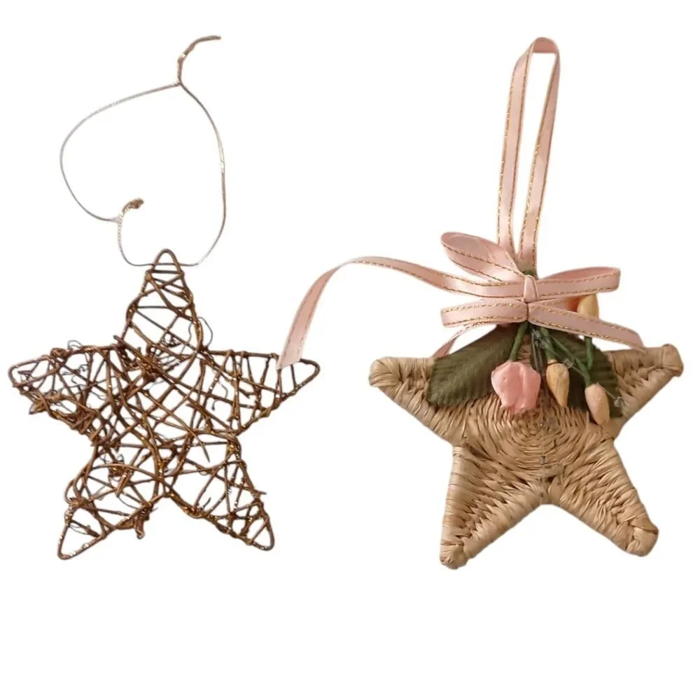 2 Star Christmas Ornaments Rattan Woven Rustic Farmhouse Country‎ Boho Holiday.